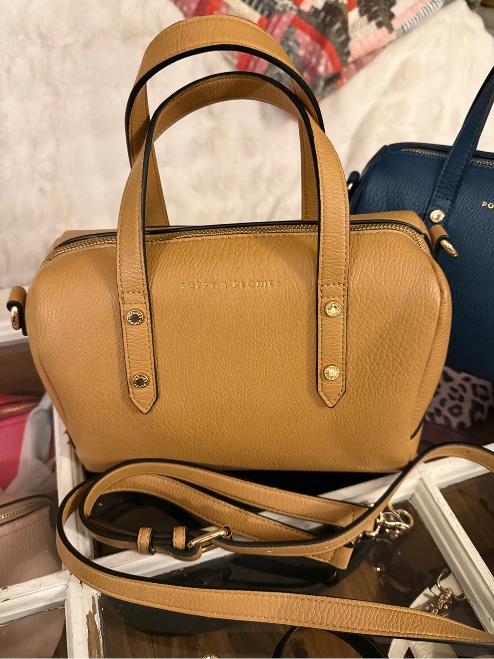 Poppy and Peonies Camel Vegan Leather out and about